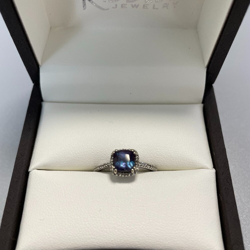 Cushion Cut crated Alexanerite, Diamond Halo Ring with 10k white gold, SIZE 6